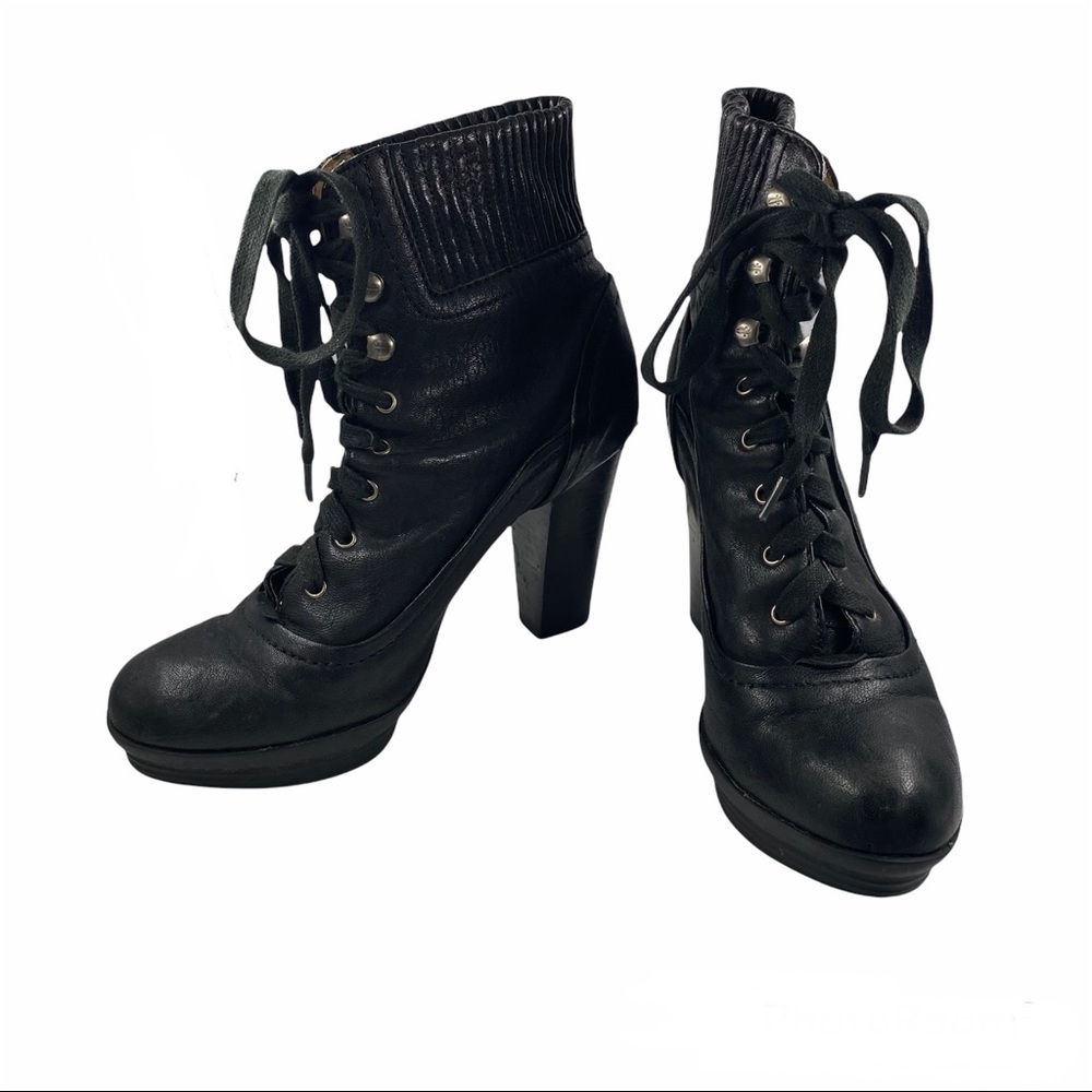 Frye leather black Mimi lace up bootie heel